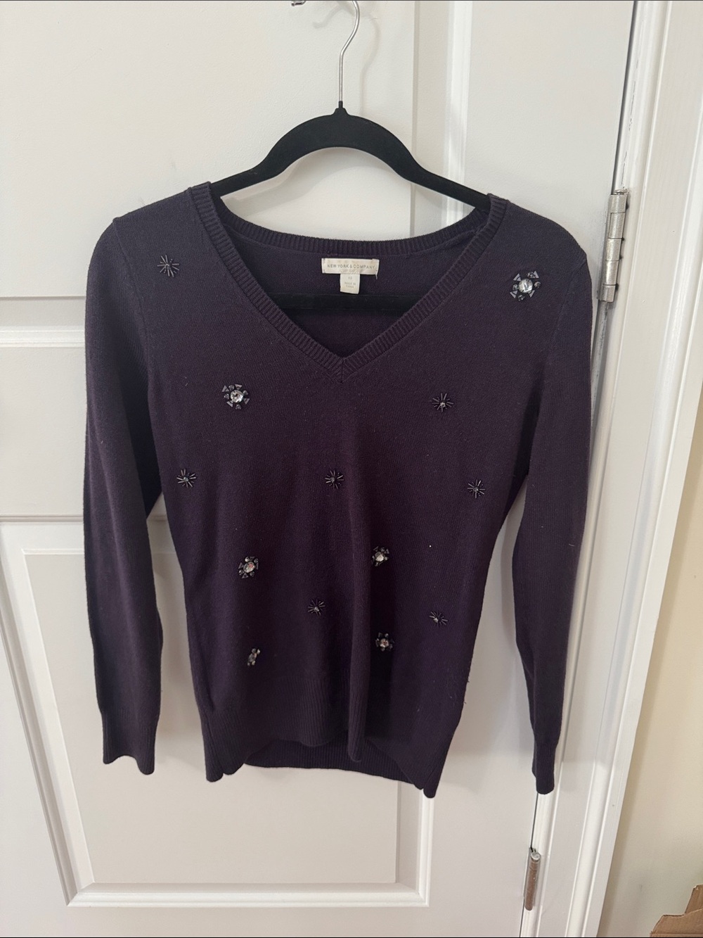 New York & Company Plum Embellished V-Neck Sweater